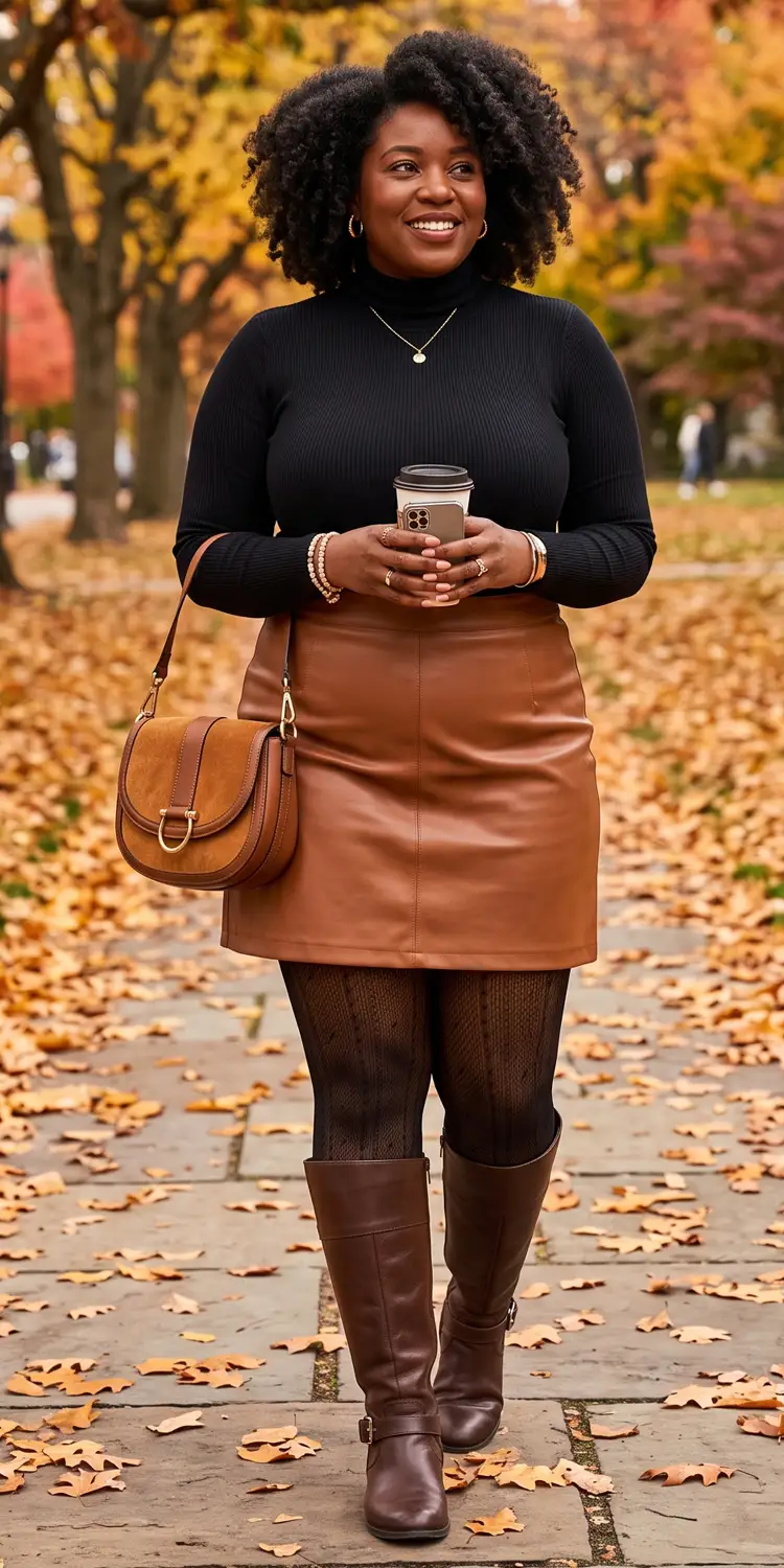 Sleek Turtleneck Bodysuit Tucked into an A-Line Leather Skirt