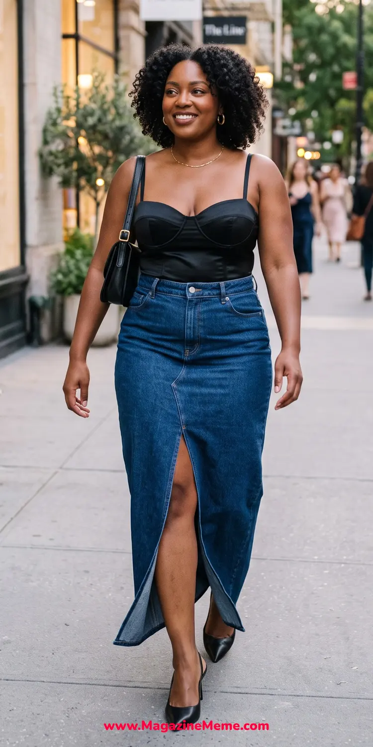 Slitted Denim Column Maxi Paired with a Sculpted Bustier