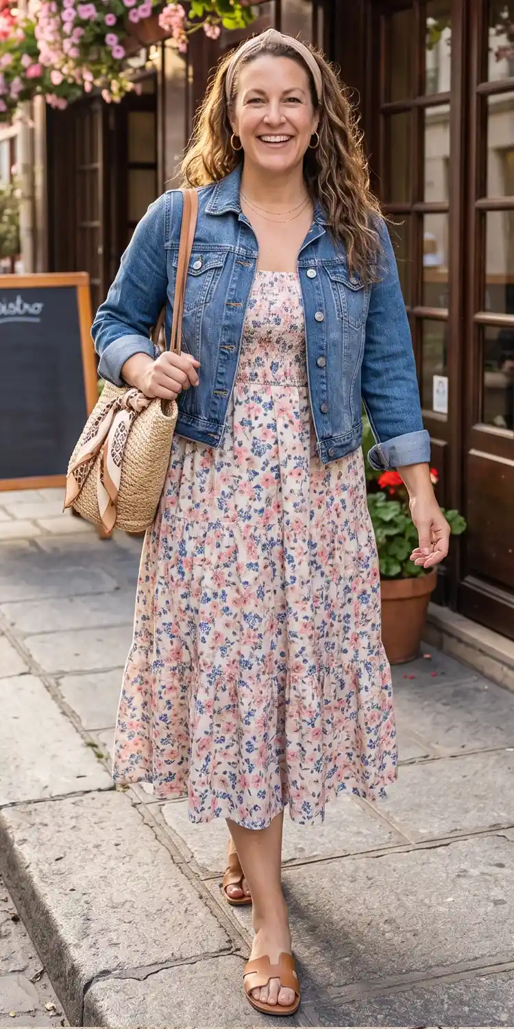 Smocked Floral Midi Dress Grounded by a Cropped Denim Jacket