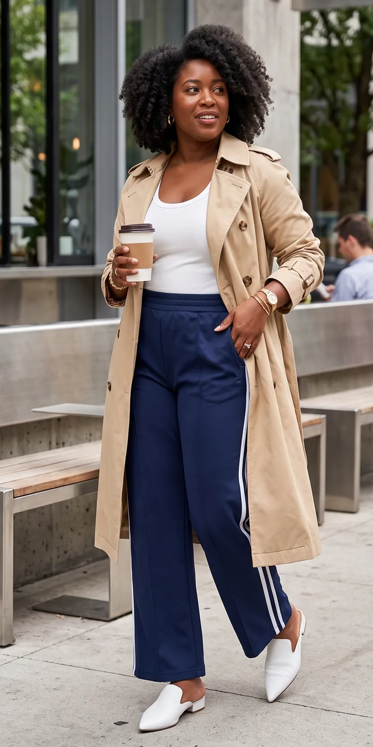 Sporty Track Pants with a Tailored Trench and Sharp Mules