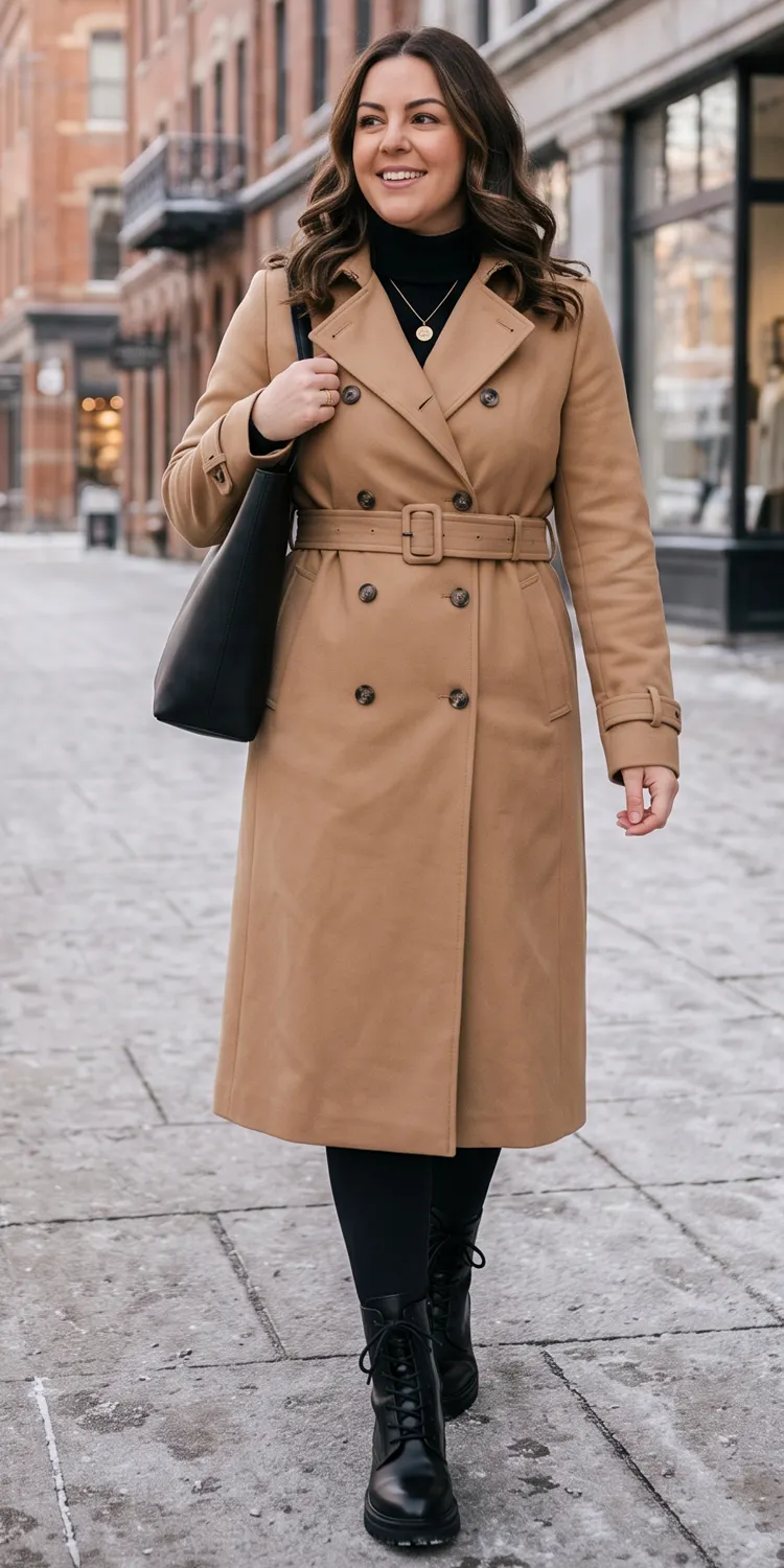 Structured Longline Trench Coat Belted Over Thermal Fleece-Lined Leggings