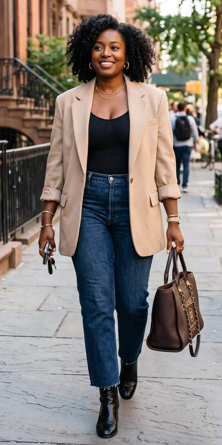 Structured Monochrome Blazer Over a Seamless Scoop Bodysuit