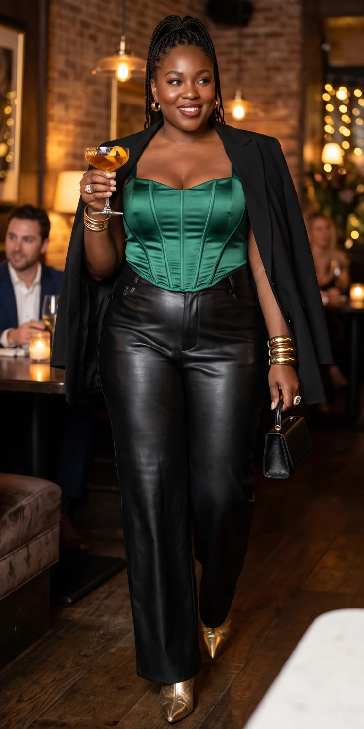Structured Satin Corset With High-Waist Faux Leather Wide-Leg Pants