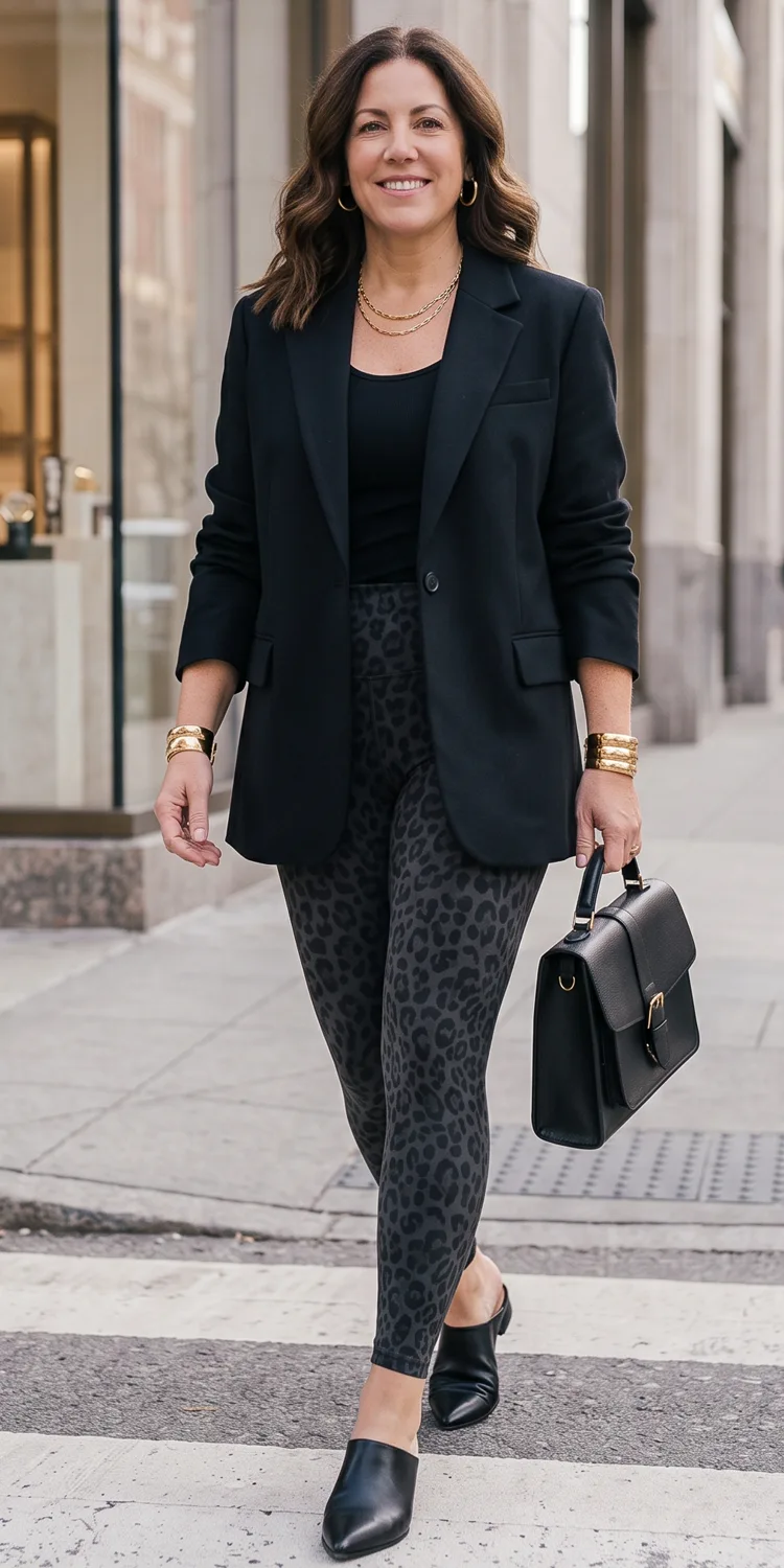 Subtle Leopard Print Leggings Anchored by a Structured Black Boyfriend Blazer