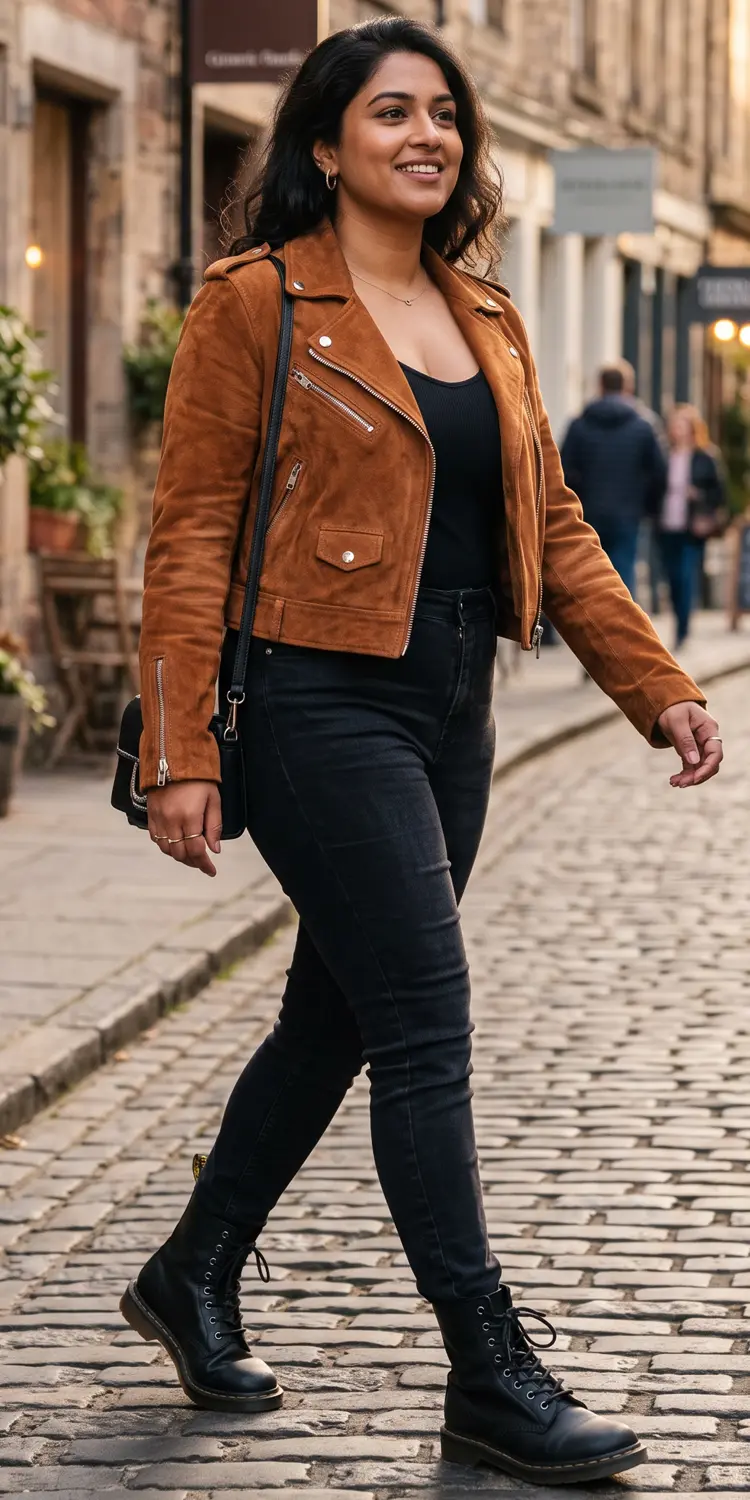 Classic Suede Moto Jacket Thrown Over an All-Black Column Base