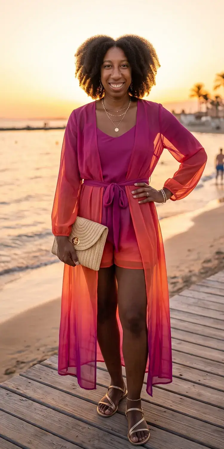 Sunset Ombré Chiffon Longline Duster and High-Rise Short Set