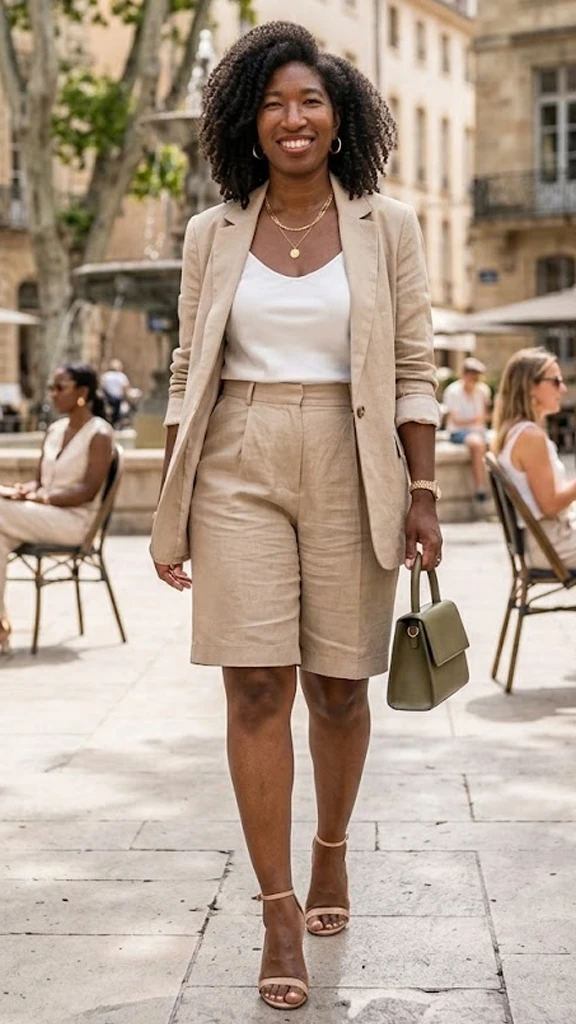 Tailored Bermuda Walking Short Suit Paired with Ankle-Strap Heels