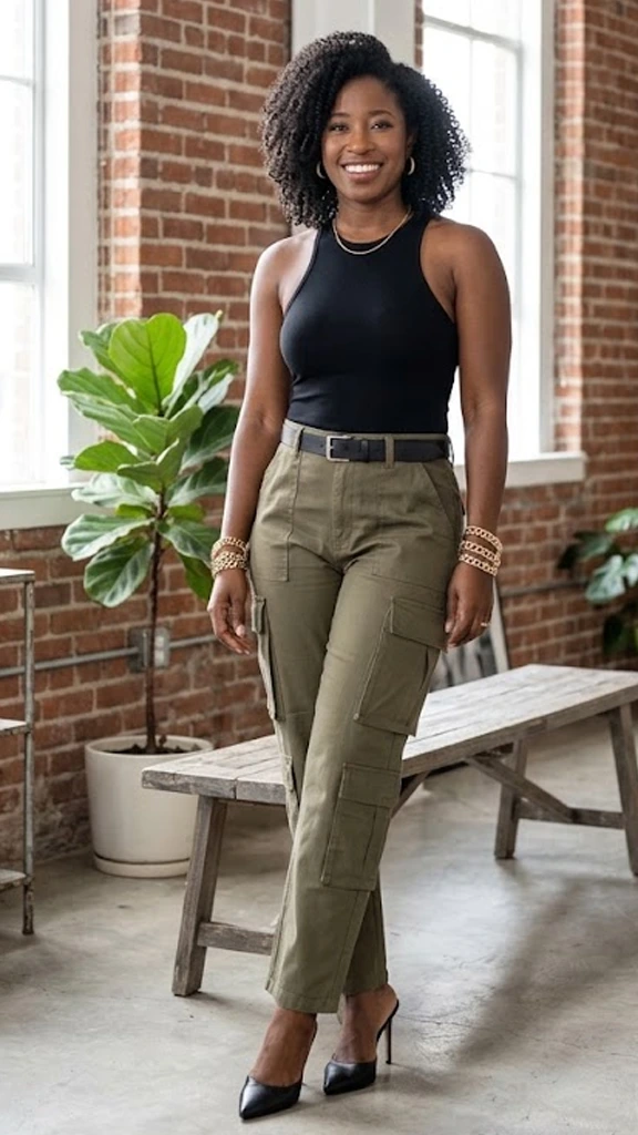 Structured Cargo Trousers Styled with Pointed Stiletto Mules and a Minimal Tank