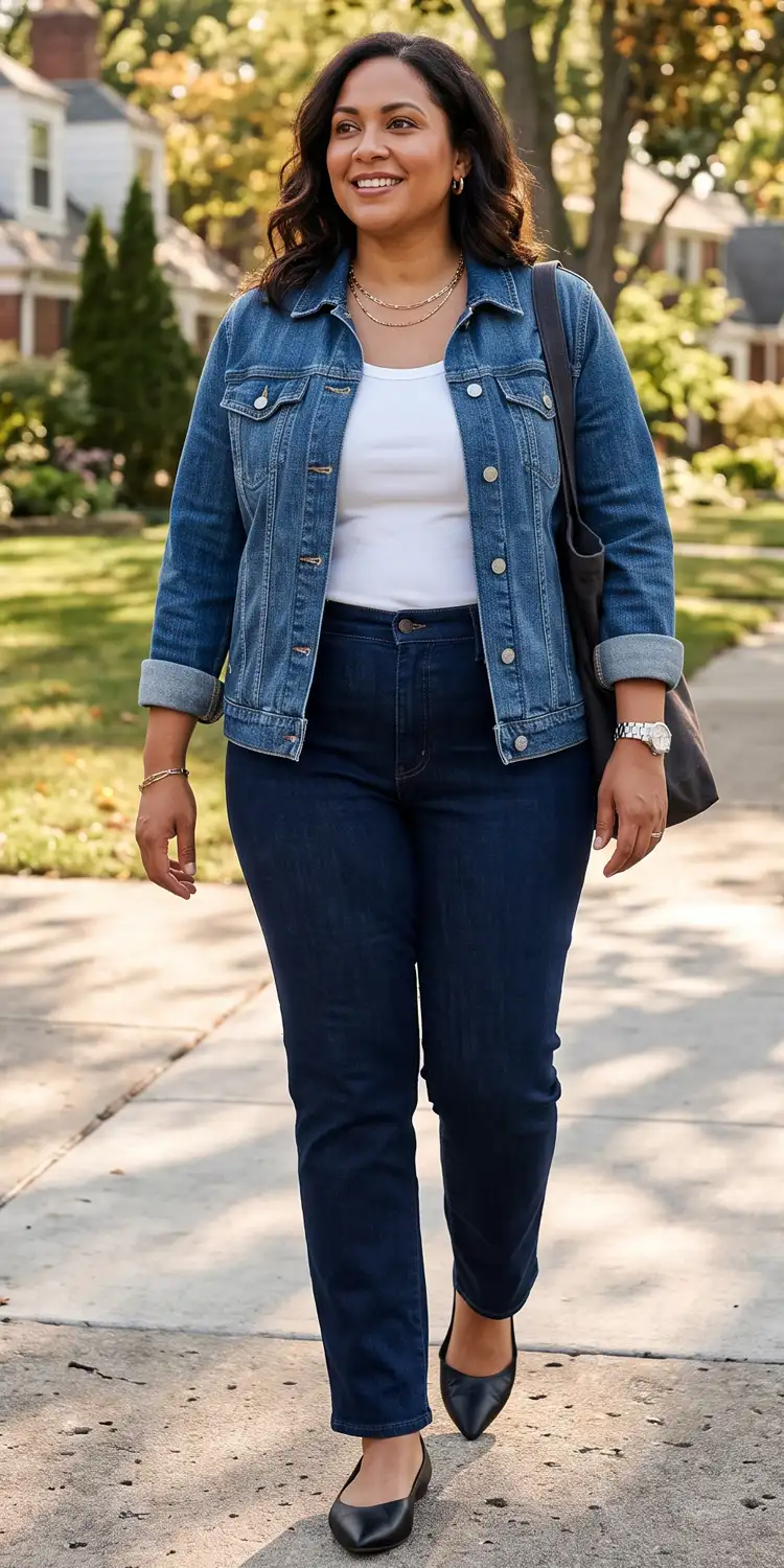 Tailored Denim Jacket Over Dark Wash Straight-Leg Jeans
