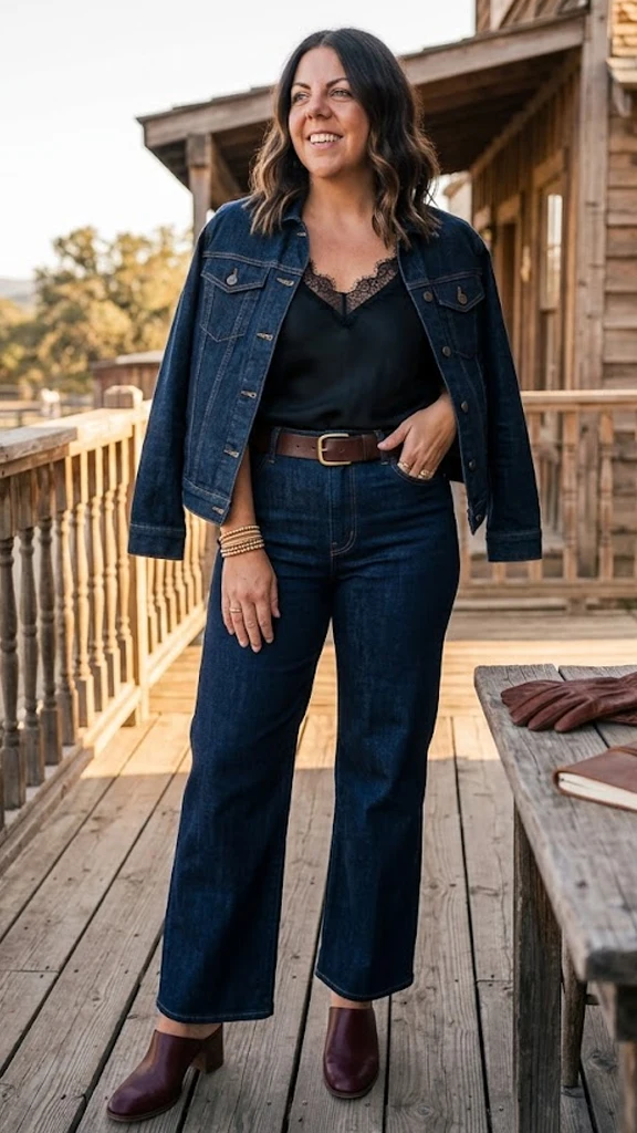 Tailored Denim-on-Denim Canadian Tuxedo with a Lace-Trim Cami