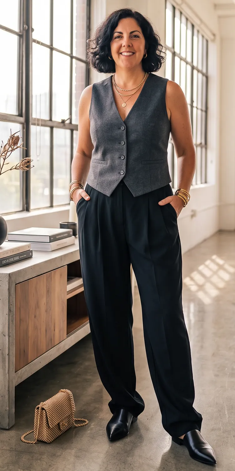 Tailored Menswear Vest Worn Solo with Puddle-Hem Pleated Trousers