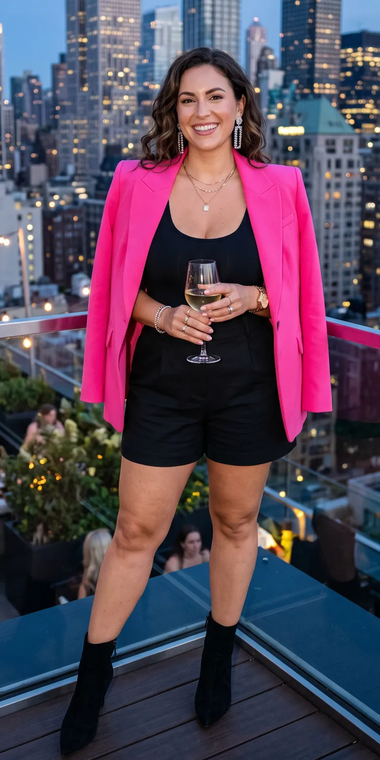 Tailored Neon Pink Blazer Over a Fitted Scoop Bodysuit and High-Rise Shorts
