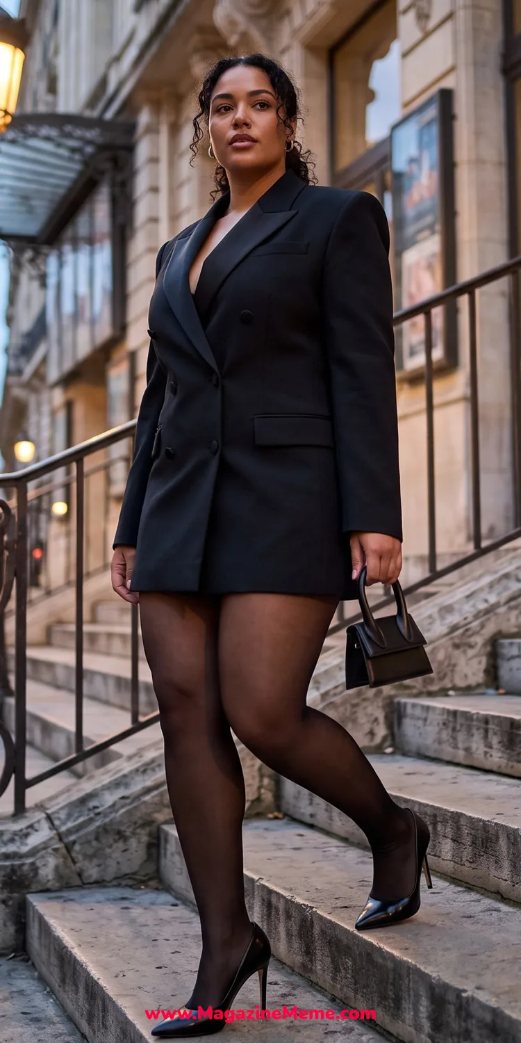 Tailored Oversized Tuxedo Blazer Worn Closed with Sheer Black Tights