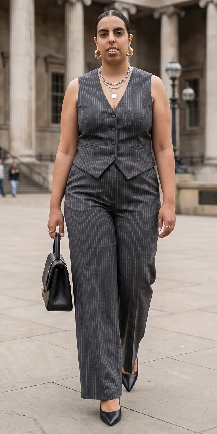 Tailored Pinstripe Vest Worn Solo with Matching High-Rise Wide Trousers