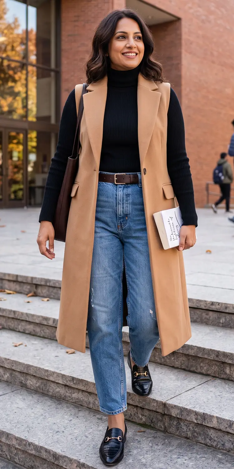 Tailored Longline Sleeveless Duster Vest Over a Turtleneck and Mom Jeans