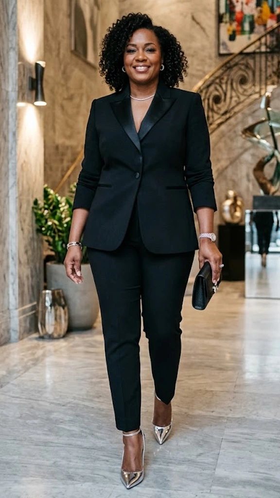 Tailored Tuxedo Jacket Worn Closed with Sharp Metallic Stilettos
