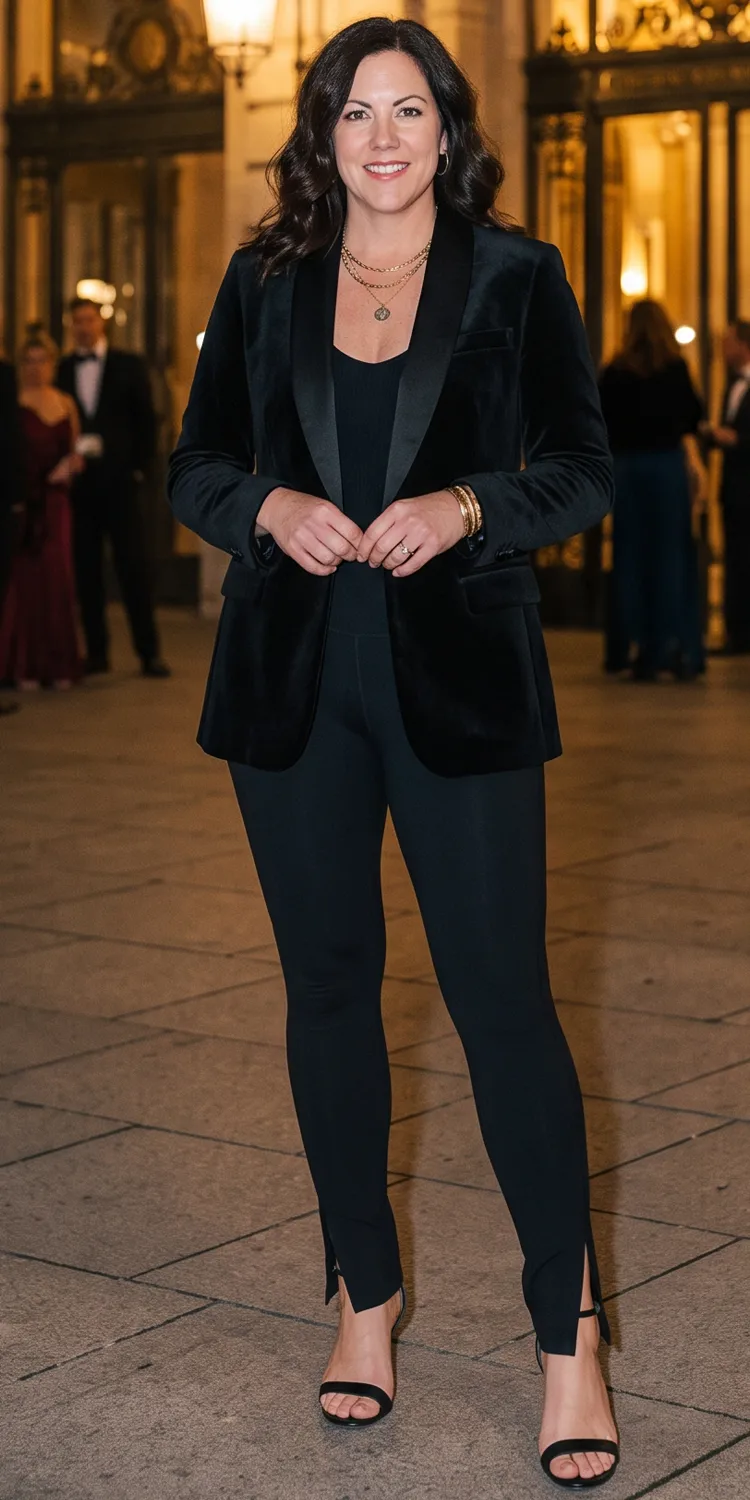 Tailored Velvet Tuxedo Jacket Over Ankle-Slit Ponte Leggings and Heeled Sandals