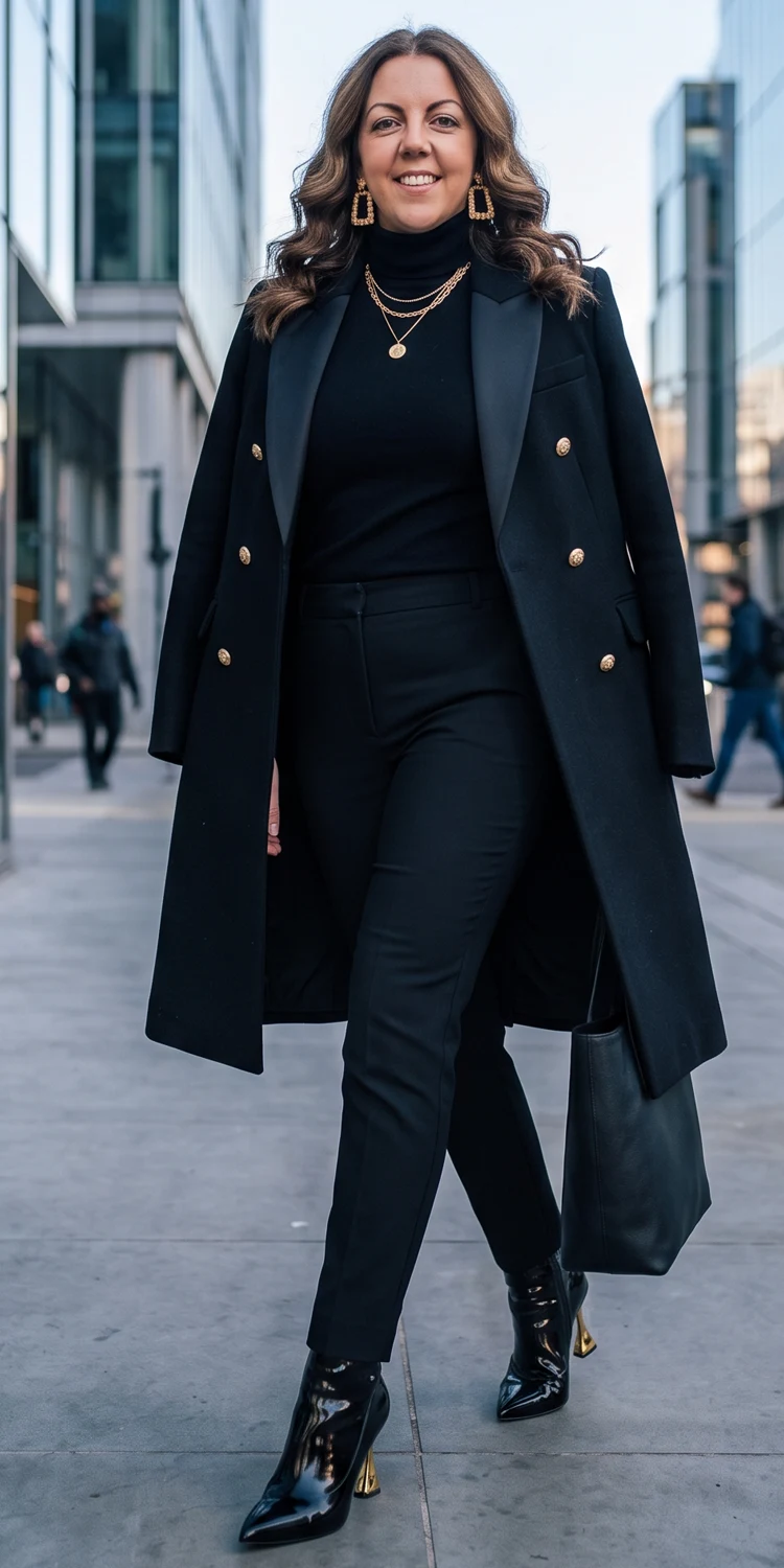 Tailored Wool Double-Breasted Overcoat with an All-Black Base Layer