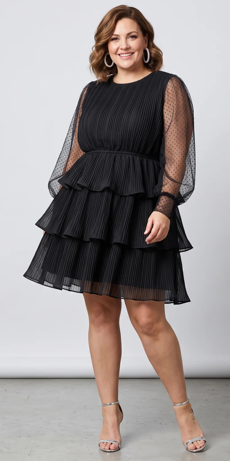 Tiered Ruffle Organza Mini with Sheer Point d'Esprit Sleeves