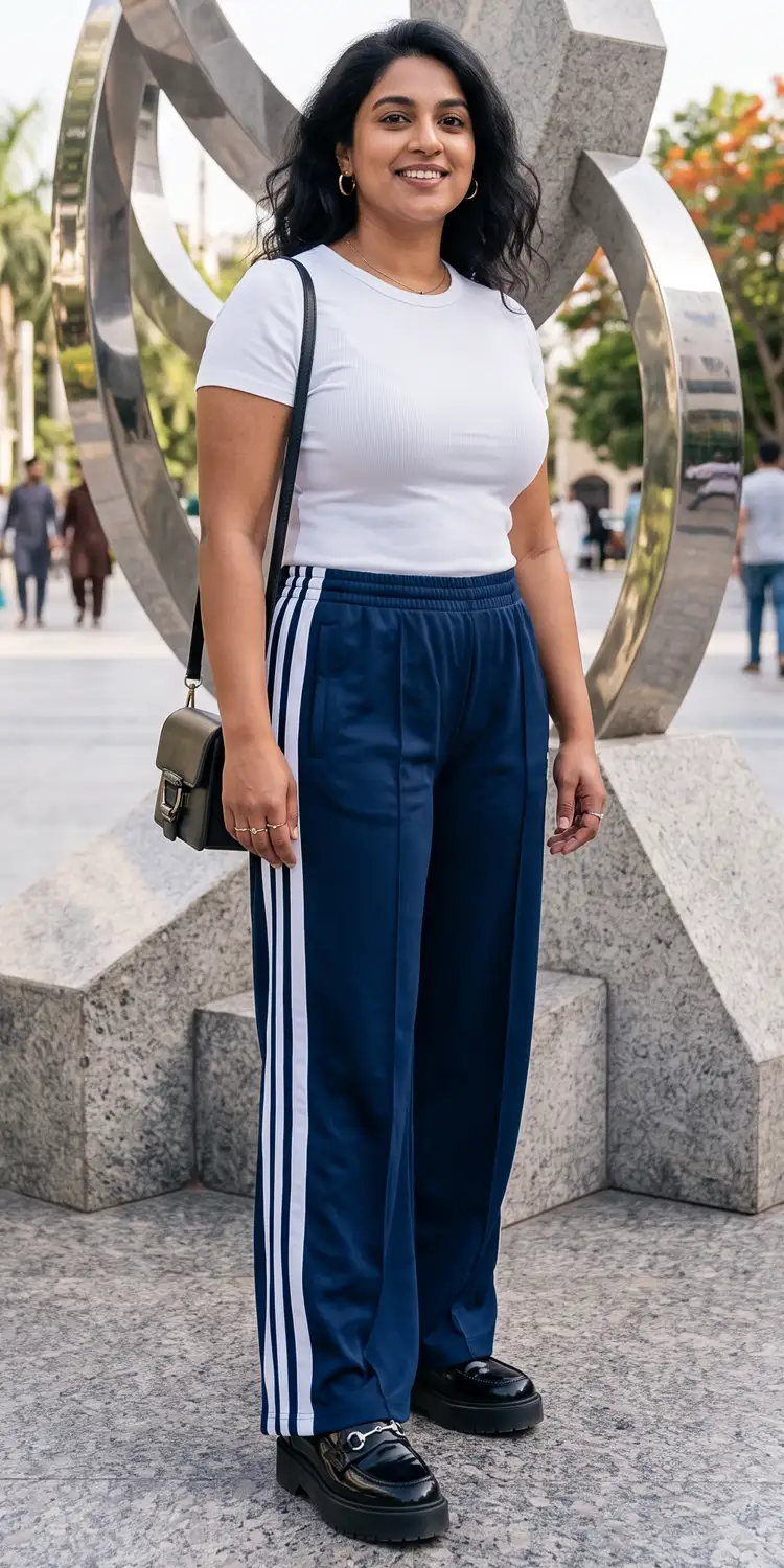 Side-Stripe Track Pants Styled with a Ribbed Baby Tee and Platform Loafers