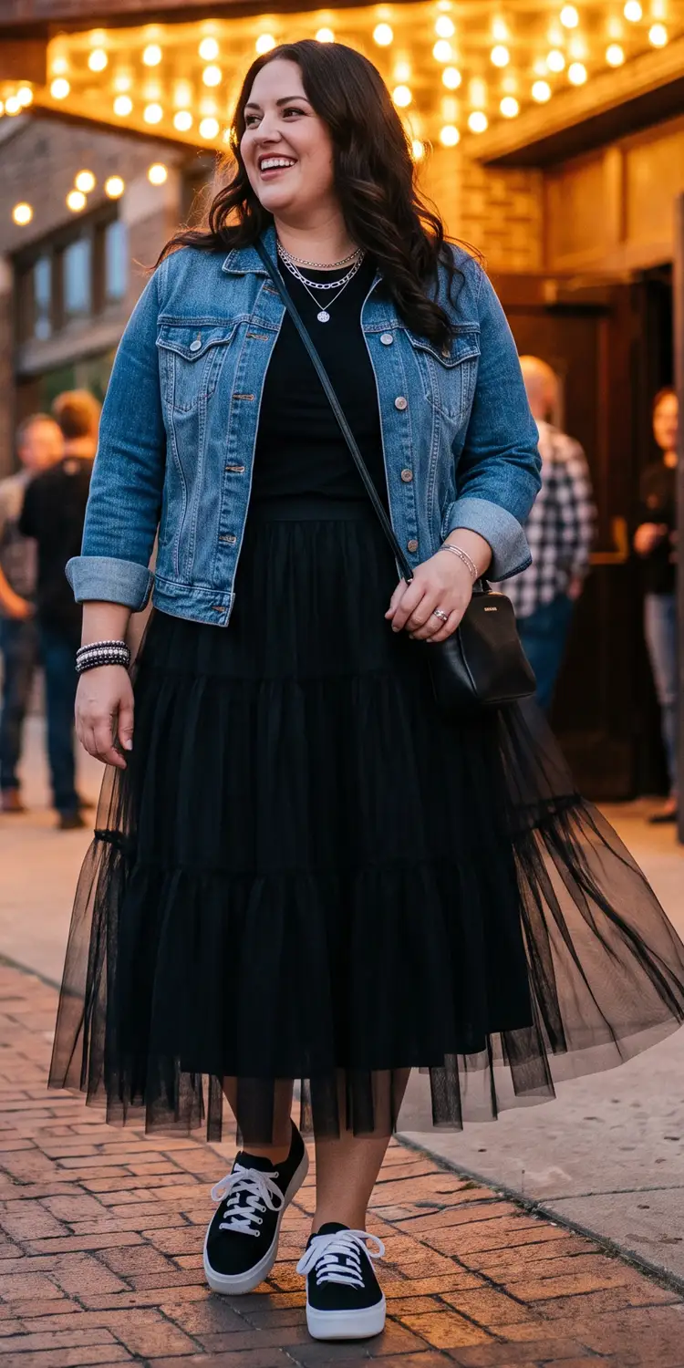 Distressed Denim Trucker Jacket Layered Over a Tiered Black Tulle Midi Skirt