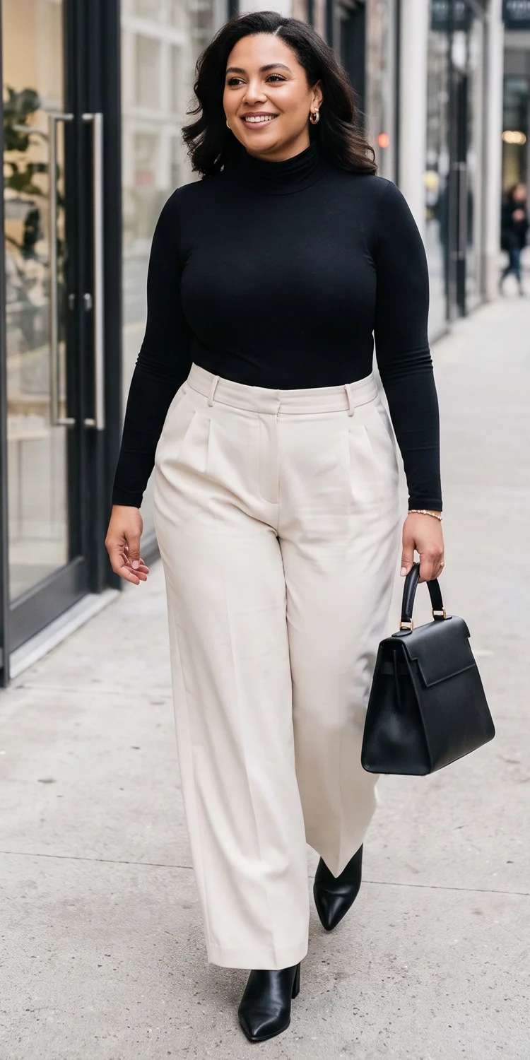 Fitted Black Turtleneck Bodysuit Tucked into Wide-Leg Cream Trousers