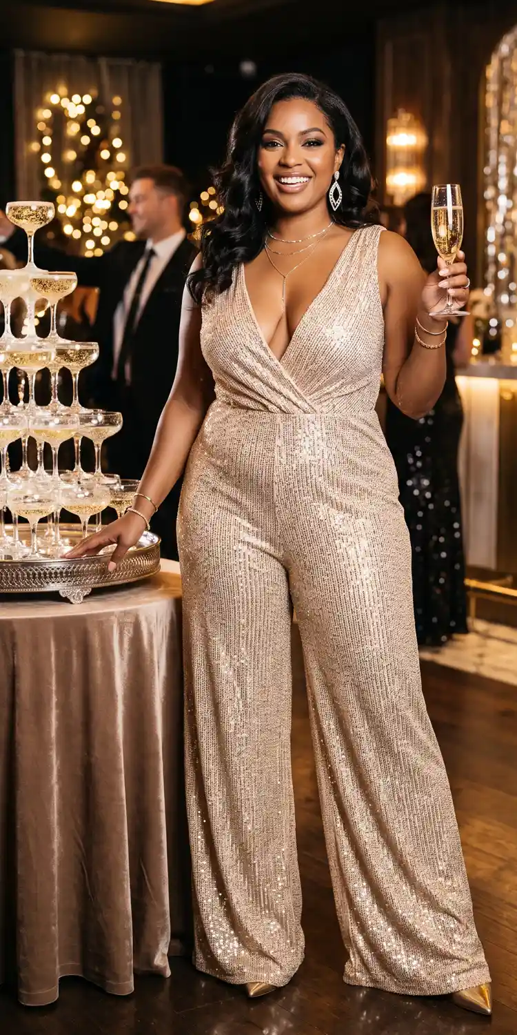 Ultra-Glam Champagne Sequin Wide-Leg Jumpsuit With A Deep Plunge