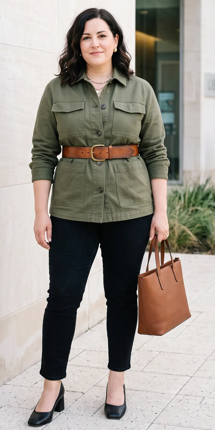 Utility Shacket Cinched with a Wide Leather Belt Over Slim Black Denim