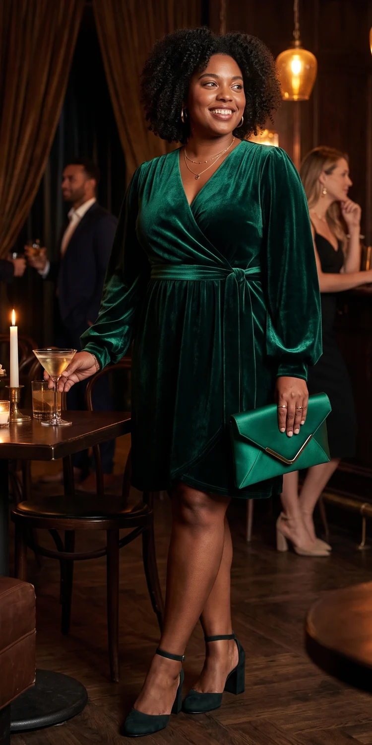 Velvet Wrap Cocktail Dress with Ankle-Strap Block Heels