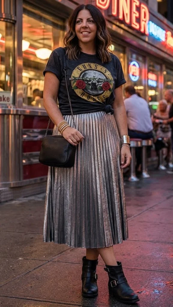 Vintage Graphic Band Tee Knotted Over a High-Shine Pleated Midi Skirt
