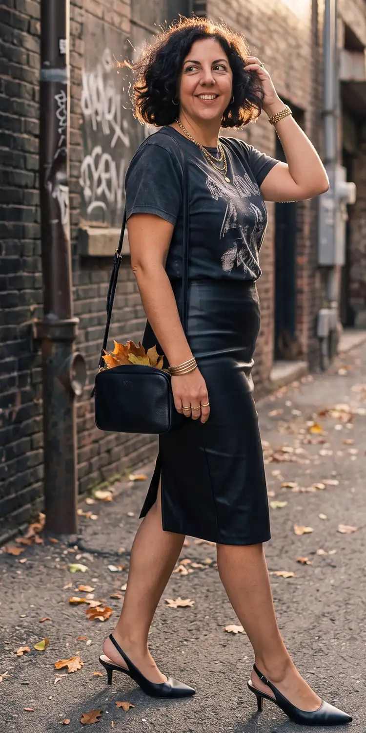 Vintage Graphic Tee Tucked into a High-Waist Coated Pencil Skirt
