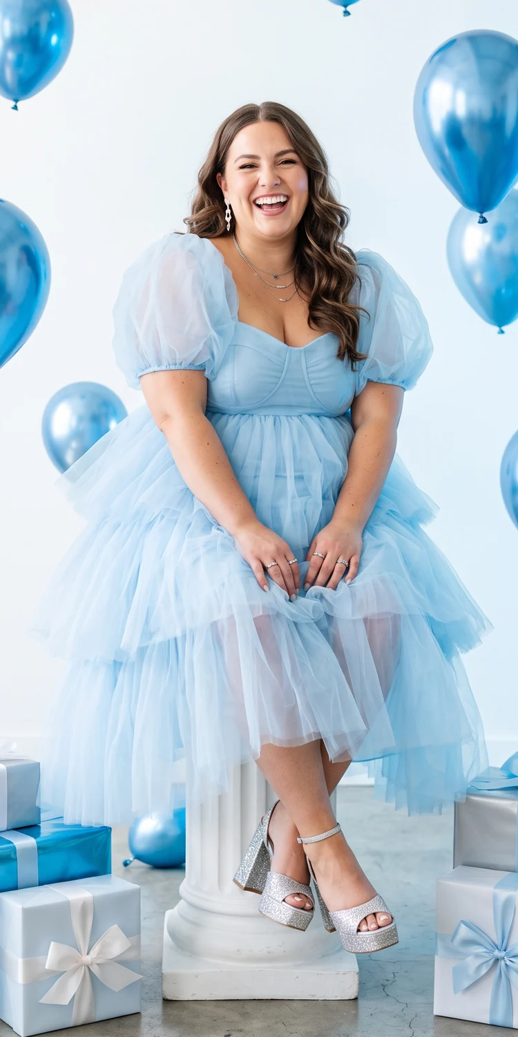 Voluminous Tiered Tulle Baby-Doll Dress With Metallic Block Heels