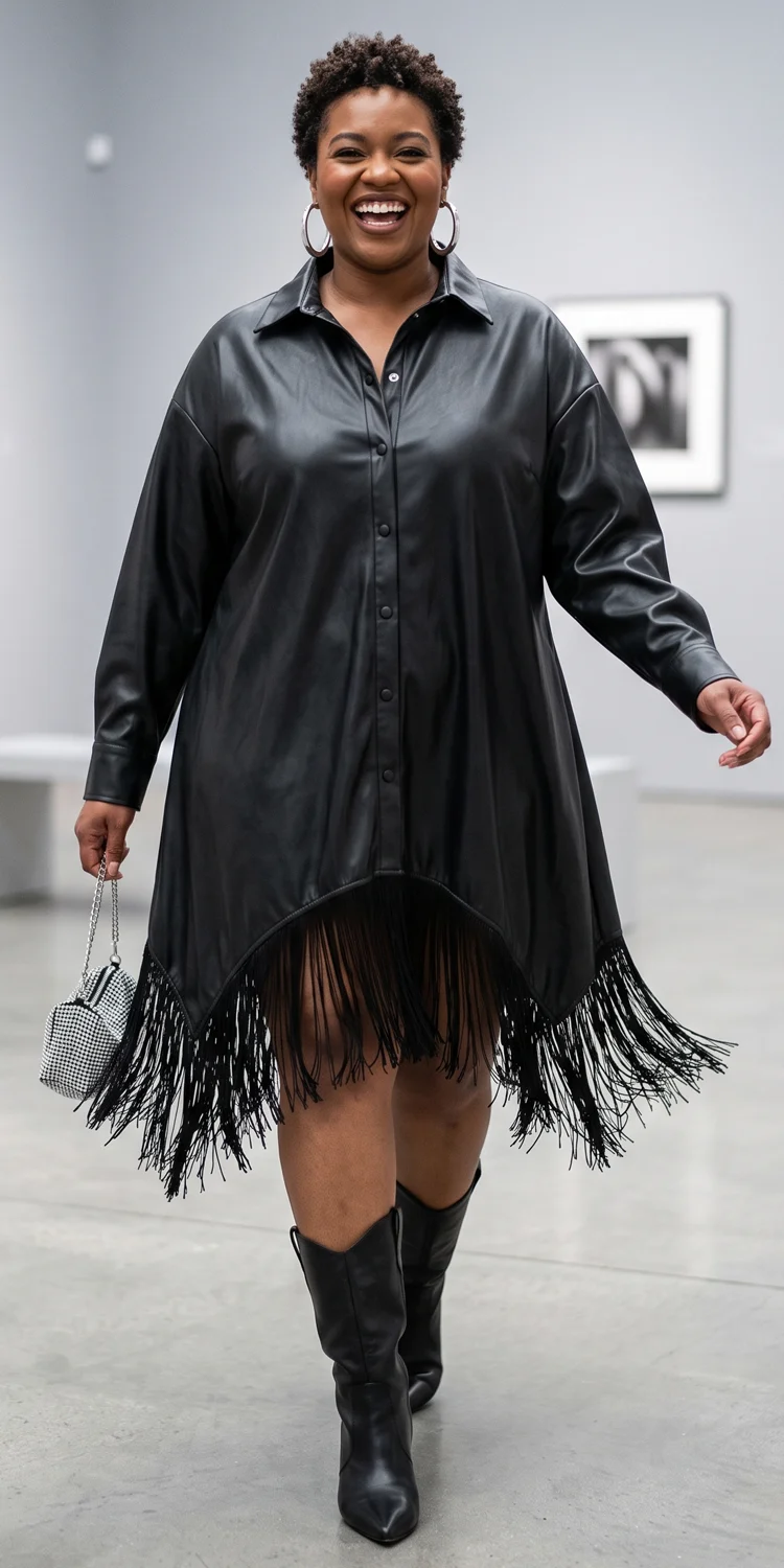 Western-Baddie Faux Leather Fringe Shirt Dress