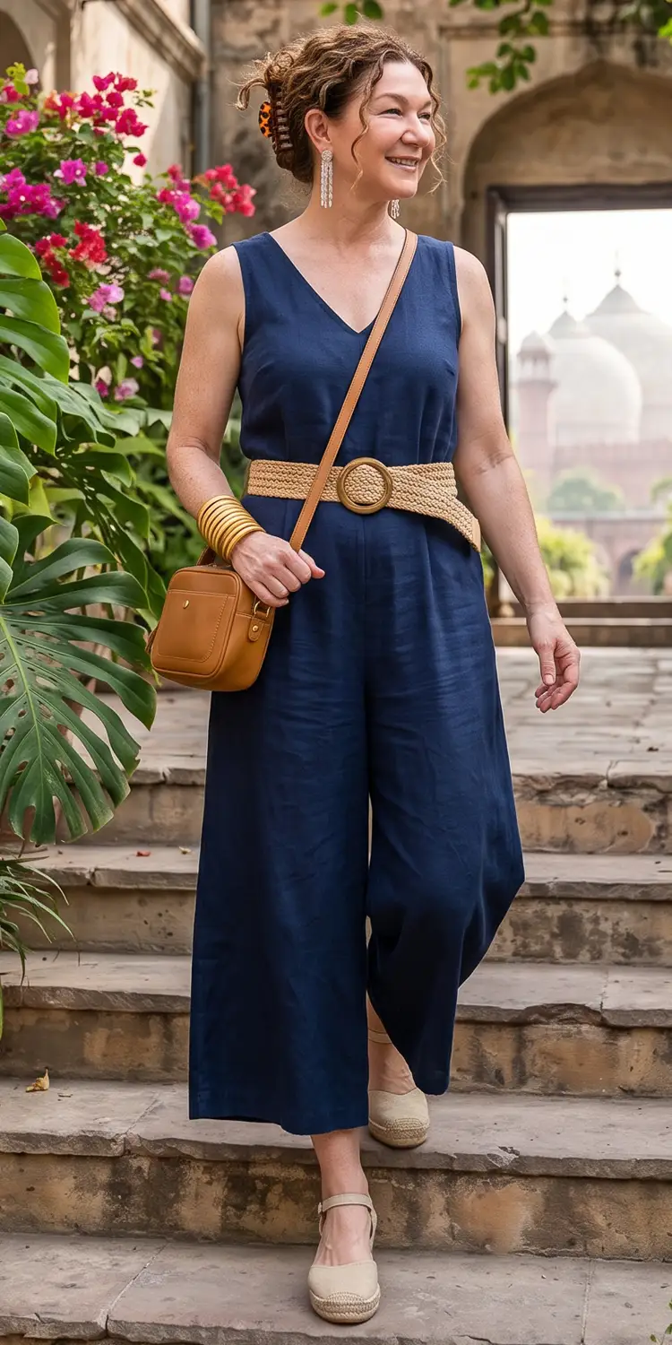 Wide-Leg Culotte Jumpsuit Finished with a Wide Braided Belt