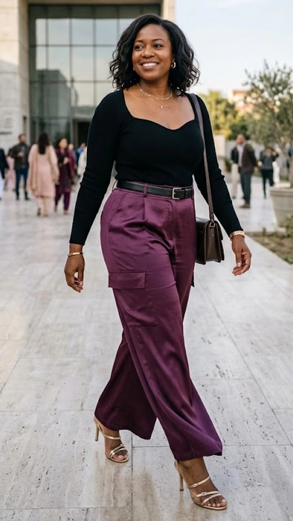 Wide-Leg Satin Cargo Trousers Balanced by a Sweetheart Long-Sleeve Top