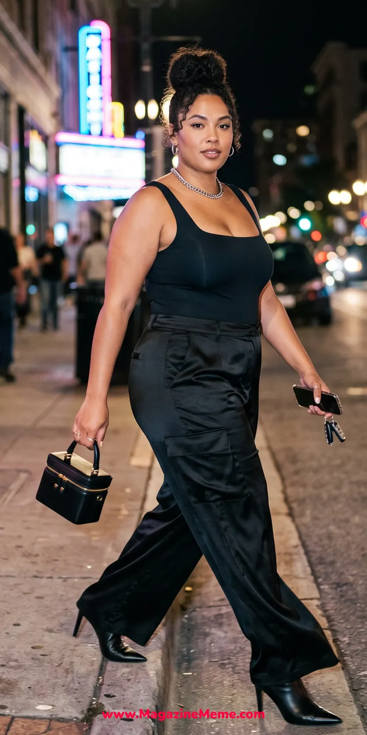 Wide-Leg Satin Cargo Trousers Paired with a Square-Neck Bodysuit