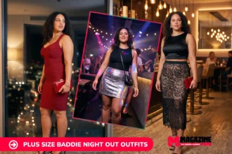 Collage of three plus size baddie night out outfits: a fitted burgundy bandage dress, a metallic silver mini skirt with a black top, and a sheer black lace midi skirt set.