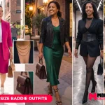 Editorial fashion spread showcasing trendy plus size baddie outfits featuring tailored blazers, corset detailing, satin slip dresses, and edgy streetwear looks.