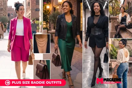 Editorial fashion spread showcasing trendy plus size baddie outfits featuring tailored blazers, corset detailing, satin slip dresses, and edgy streetwear looks.