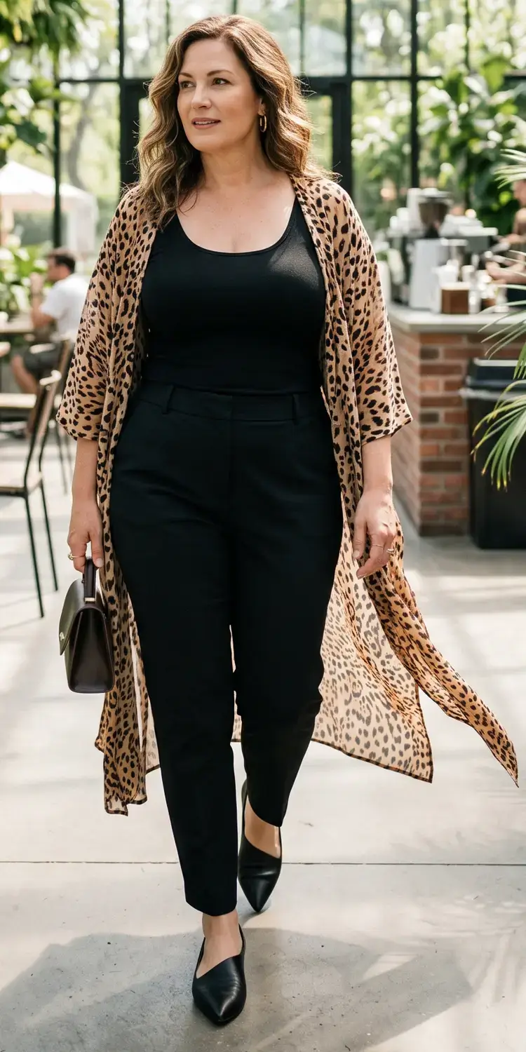 All-Black Seamless Column Set Topped with a Flowing Waterfall Kimono