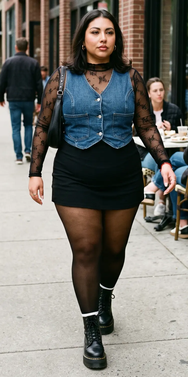 Anchor Sheer Mesh Tops with a Tailored Denim Vest and Combat Boots