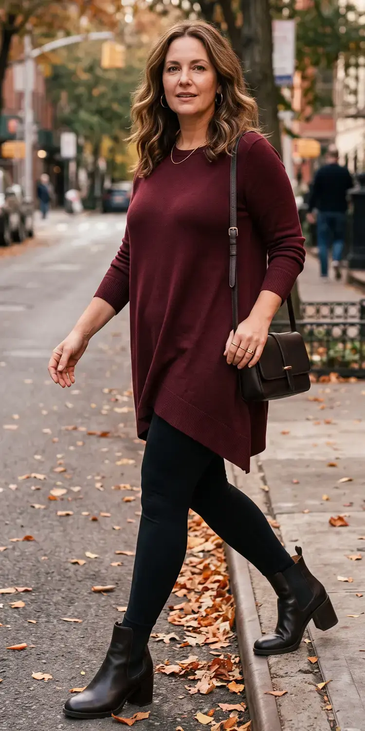Asymmetric Angled-Hem Tunic Layered Over High-Rise Smoothing Leggings