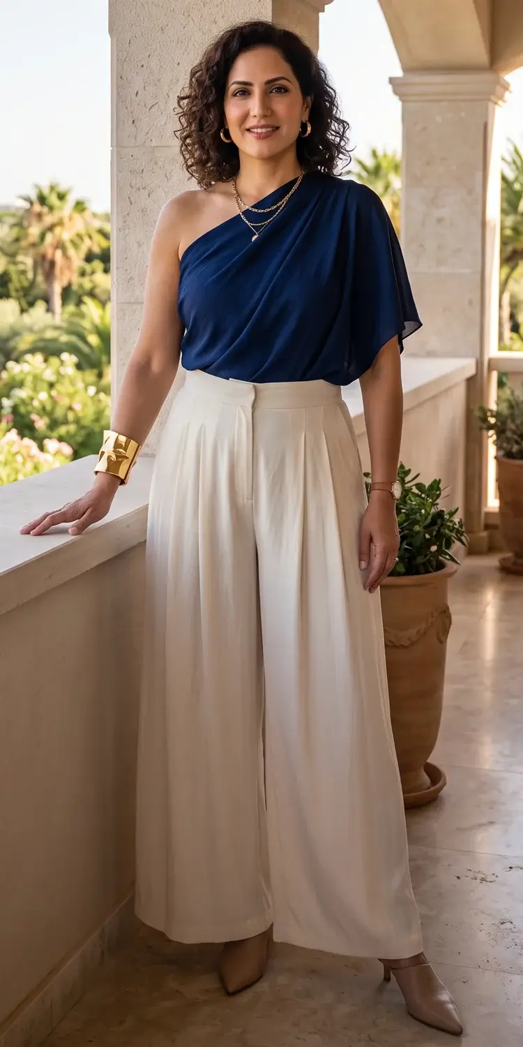 Asymmetric One-Shoulder Draped Top with Pleated Wide-Leg Palazzo Pants