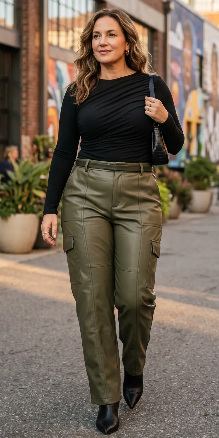 Pair an Asymmetric Ruched Top with High-Rise Faux Leather Cargo Pants