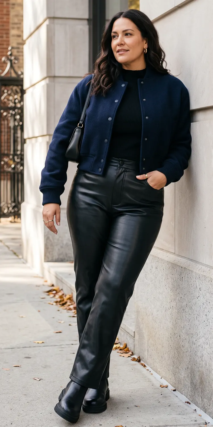 Balance High-Waisted Straight Faux-Leather Pants With a Cropped Wool Bomber