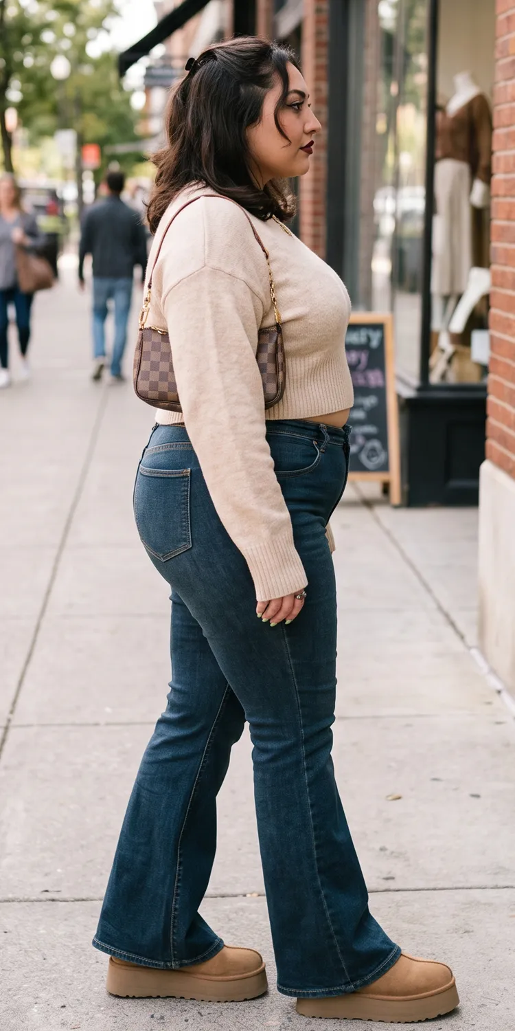 Balance Wide Flare Denim with a Boxy Cropped Knit and Heavy Soles