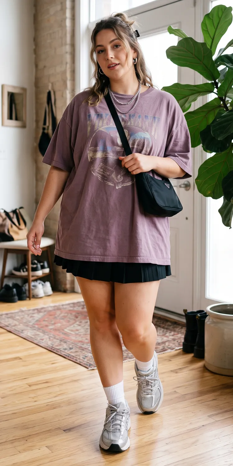 Balance an Oversized Graphic T-Shirt with an A-Line Pleated Hem