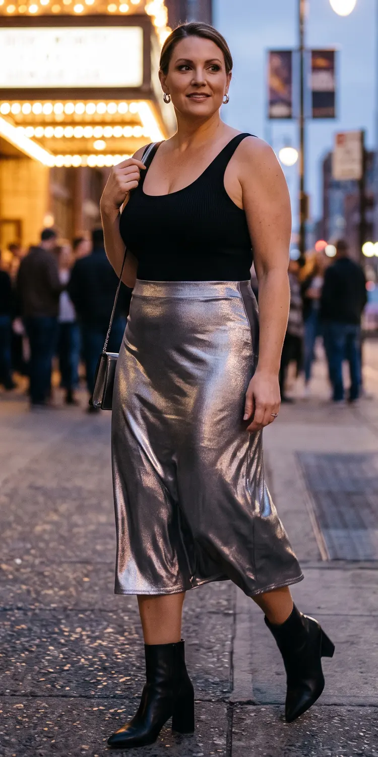 Tuck a Sleek Black Bodysuit into a Liquid Metallic Slip Skirt with Block Heel Booties