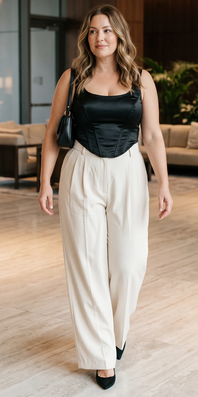 Black Satin Corset Top with Pleated Wide-Leg Trousers