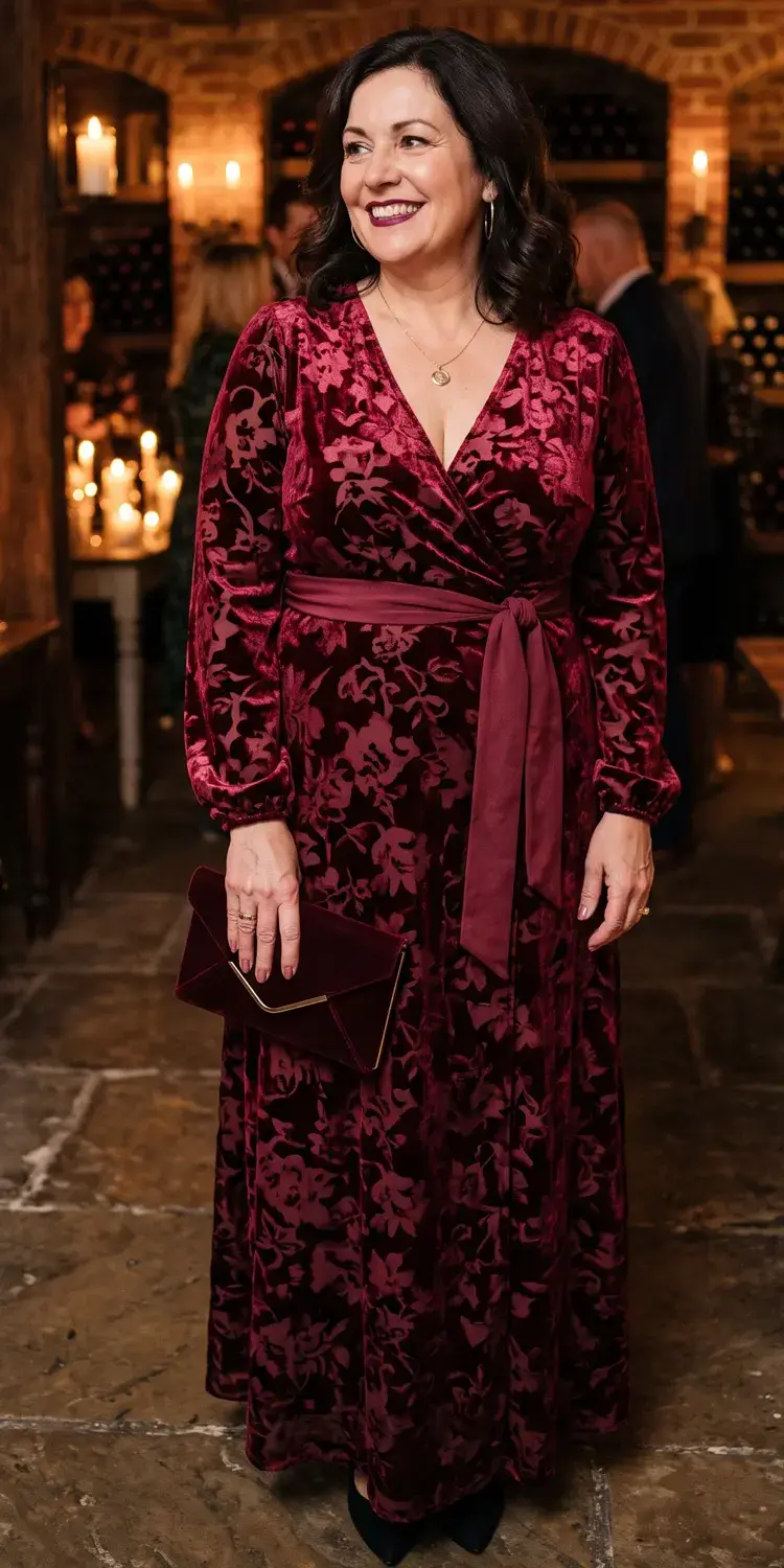 Burnout Velvet Wrap Maxi in Moody Bordeaux